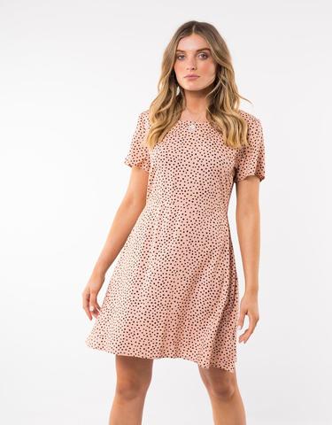 Painted Dot Fit & Flare Dress   Tan Painted Dot Print