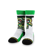 young adult socks, modeled, small socks, kids, green, cool skull, over both socks.