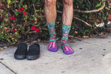 monster, red stripes, eyes and teeth, male model, shoes, purple toes.