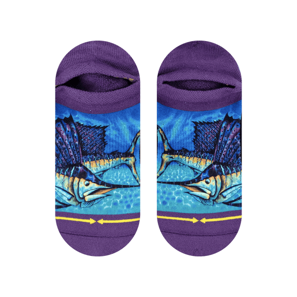purple heel and toe, swordfish graphic, fin, light blue, shallow water.