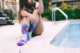 poolside, socks, green, fence, socks in action, purple toes and heel, 