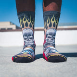 blue sky, nice socks, comfy, thick, toes, front view, flames, fire, white, eye sockets.