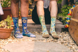 Sock models, socks in use, blue socks, yellow socks, aloha, laid back, island vibes.