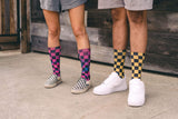 purple, yellow, checkered, live model, white shoes, wood, fabric, pavement. cool socks