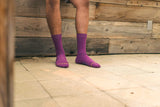 purple sock, crew sock, sustainable fashion, cushion, wood