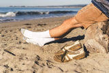 sand, beach, sneakers, excellent sock, crew sock, white repreve, essential sock