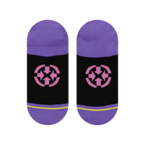 sock bottom, purple heel and toe, yellow band, pink logo, black arch.