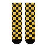 yellow checkered pattern, whole entire sock, black toe, yellow, gold, black, night.