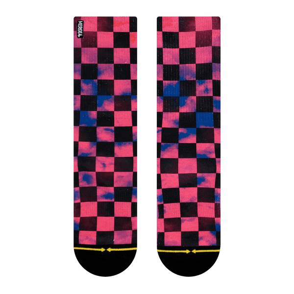 checkered pattern, purple, pink, blue splatter, black boxes