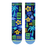Blue and yellow Hawaiian print unisex crew sock with turtles and palm trees
