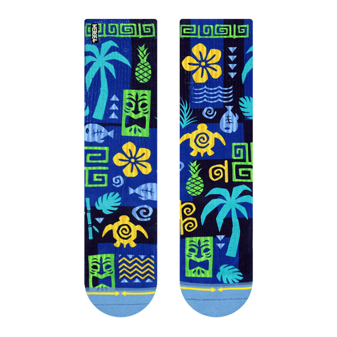 Blue and yellow Hawaiian print unisex crew sock with turtles and palm trees