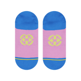 sock bottom, pink sole, blue heel and toe, yellow logo