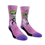 Modeled socks, black bottom, purple toe and heel, pink sock, rose pattern, skeleton suit, pink eyes.