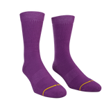 purple socks, plastic bottles, reused material, moisture wicking sole