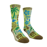 Yellow sock, brown toes, pineapple, blue flower petals, blue turtle, gree palm tree, tiki.