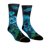 black socks, modeled, black toe, black heel, blue bottom, green leaves, blue roses, peaking blue skull