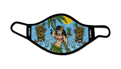 Hula mask, tiki, palm tree, strap, purple, blue, sun yellow, green, hula skirt, trunk, starfish.