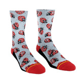lady bug pattern continued, red with black spots, red toes and heels, white sock.
