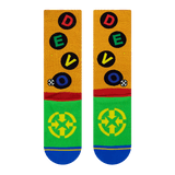 back of sock, MERGE4 Logo, green sole, red heel, blue toe, DEVO red green yellow blue.