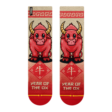 OX, Bull, red, chinese, asian, japanese, horns, hooves, fur, oxen, symbol, lettering, year of the ox.