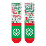 sock back, holiday socks, jingle bells, green text, red text, holiday lights