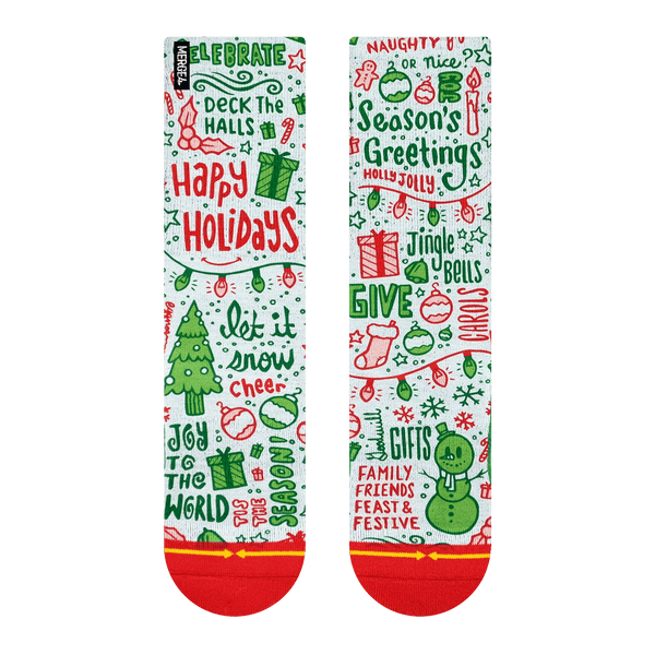 seasons greetings, holiday sayings, white, green, red, stocking, snowman, christmas tree