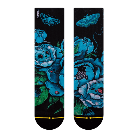 black socks, blue butterfly, translucent, skulls in flowers, buds, leaves.