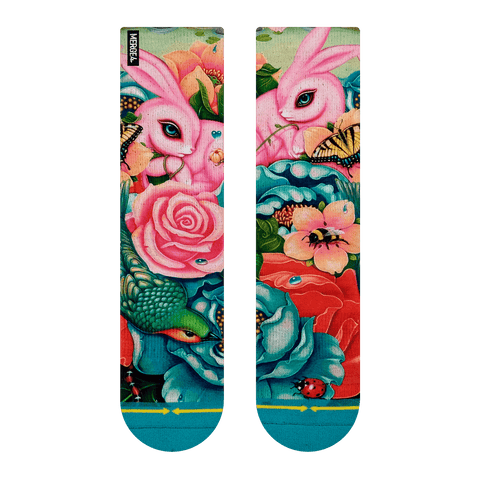 Bunnies, flowers, blooming, red flower, blue flower, bird, butterfly, vibrant color,