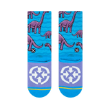 sock back, purple bottom, white logo,  blue toes, small and large dinosaur.