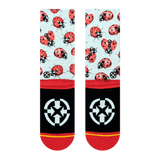 sock back, continued design, black sole, red and white, bugs, insects, white logo.
