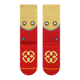 red sock, yellow sock, brown sock, white eyes, circles, hills.