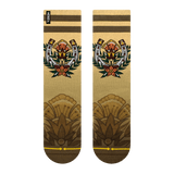 lucky socks, horse shoe, leaves, beige, brown stripes.