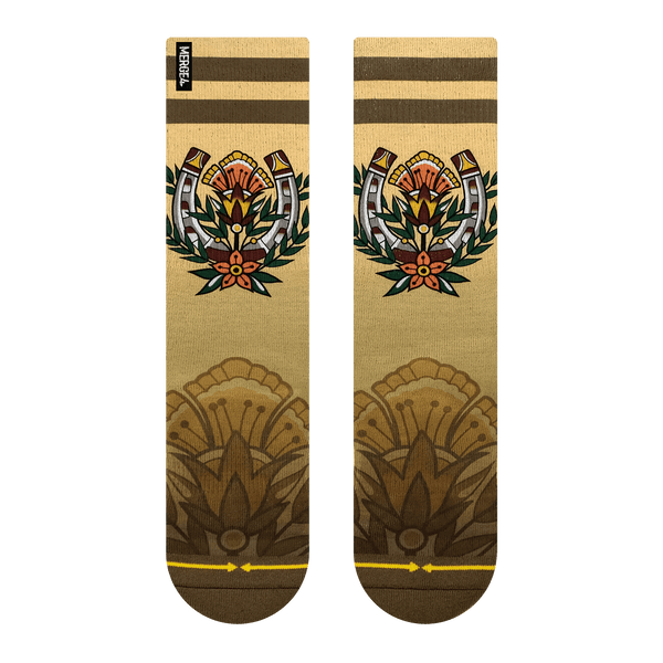 lucky socks, horse shoe, leaves, beige, brown stripes.