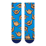 shaka, aloha, wavy, hand, blue sock, crew sock, finger, finger nails, 5 fingers, palm.