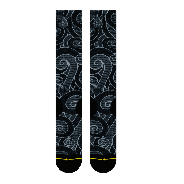 snowboard socks, front, swirl, design, black, long socks, knee high socks, 