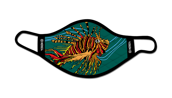 lion fish, green, red, orange, blue, yellow, fish mask, face mask, elastic, white, sun fish