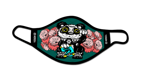 panda, black and white, flower, petals, pink, yellow, blue, skating bear, sneakers, face mask, facial covering.