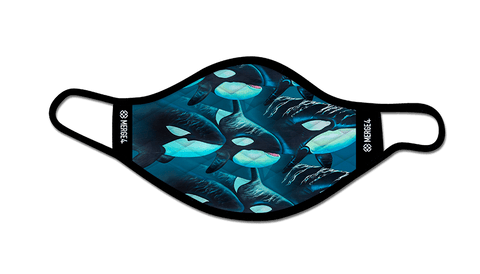 face mask, facial covering, blue sea, orca, killer whale, white and black, heard of whales, migration, light blue