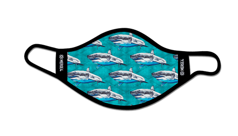 shark mask, great white shark, swimming, school of shark, light blue, repeating design.