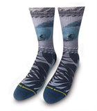 3D socks, surfing the waves, catching the gnar, kelp, sea life, sea green, blue, white, black, grey.