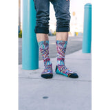 jeans, rolled up, socks, pavement, color theory, blue, red, pink, yellow.