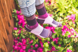 flowers, colors purple variants, elegant stripes, comfy socks