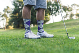 golf champion, PGA style socks, white and purple, golf colors