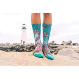 lighthouse, lighthouse sock, durable crew socks, rocks, waves, beach, ocean life, sea creatures, 