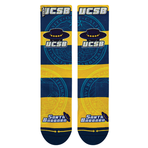 UCSB. santa barbara, university, school socks, university seal, hat, yellow stripes, blue stripes,