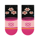 sock back, striped bottom, pink heel, flowers on back, black sock.
