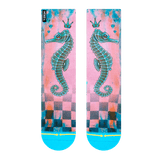 sea horse, pink sock, checkered sock, fade to pink, fade to blue, crown, aqua, light blue.