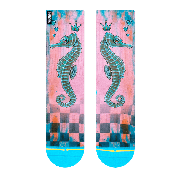 sea horse, pink sock, checkered sock, fade to pink, fade to blue, crown, aqua, light blue.