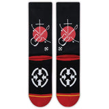 sock back, black, red heel/toe, red circle, white outline.
