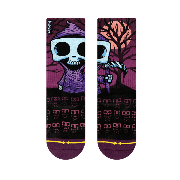 grim reaper, dual canvas, tree, purple moon, graveyard, purple sky, deep purple toes, scythe, skeleton, purple robe, white, black blood.